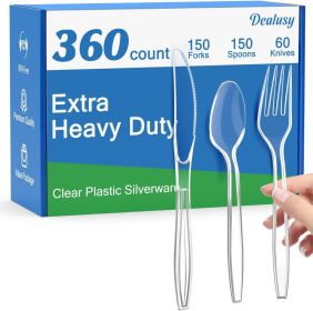 360 Count Extra Heavy Duty Clear Plastic Silverware, 150 Forks, 150 Spoons, 60 Knives, BPA-Free, Heat Resistant, Disposable Plastic Utensils Set
