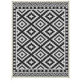 Outdoor Rug Carpet Reversible Plastic Straw Rug with LED Lights Black and White 12' x 9' for Patio