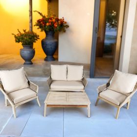 Direct Wicker 4-Piece Acacia Wood Outdoor Patio Conversation Set, Solid Wood Bench, 2 Single Chairs & Coffee Table with Thick Cushions