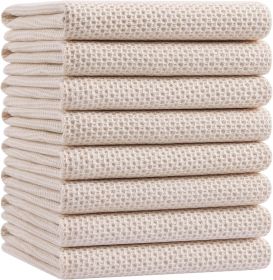 100% Cotton Waffle Weave Kitchen Dish Towels, Ultra Soft Absorbent Quick Drying Cleaning Towel, 20x28 Inches, 8-Pack, Beige