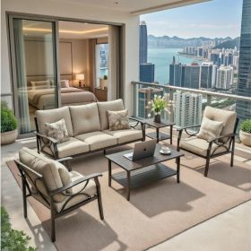 5-Piece Metal Patio Furniture Set, 5-Seat All-Weather Conversation Sofa with 4 Inches Thick Beige Cushions, Khaki Frame