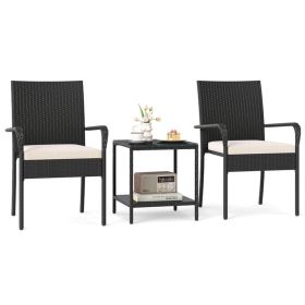 3-Piece Patio PE Wicker Bistro Set, Tempered Glass 2-Tier Side Table Outdoor Chair Set-White
