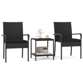3-Piece Patio PE Wicker Bistro Set, Tempered Glass 2-Tier Side Table Outdoor Chair Set-Black