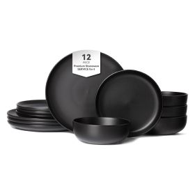 12-Piece Stoneware Dinner Plates Bowls Sets | Microwave & Dishwasher Safe | Non-Toxic Dinner Plates Bowls Set | Stackable Matte Glaze Kitchenware