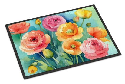 NEW Ranunculus in Watercolor Doormat Front Door Mat Indoor Outdoor Rugs for Entryway, Non Slip Washable Low Pile, 18H X 27W